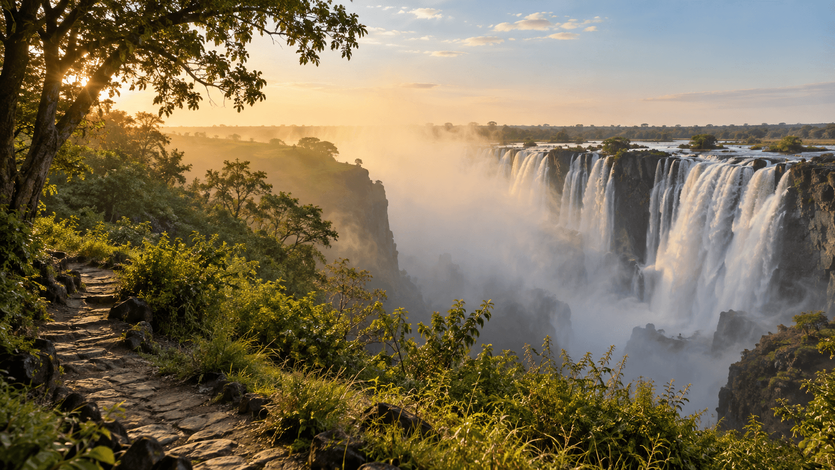 Victoria Falls framed by indigenous greenery in morning light